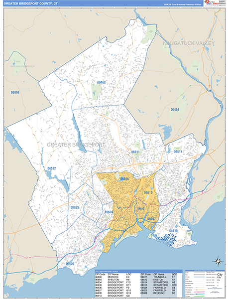Greater Bridgeport County, CT Carrier Route Wall Map